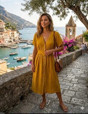 PURO LINO Made In Italy 100%Linen MustardYellow Boho cottagecore sundress